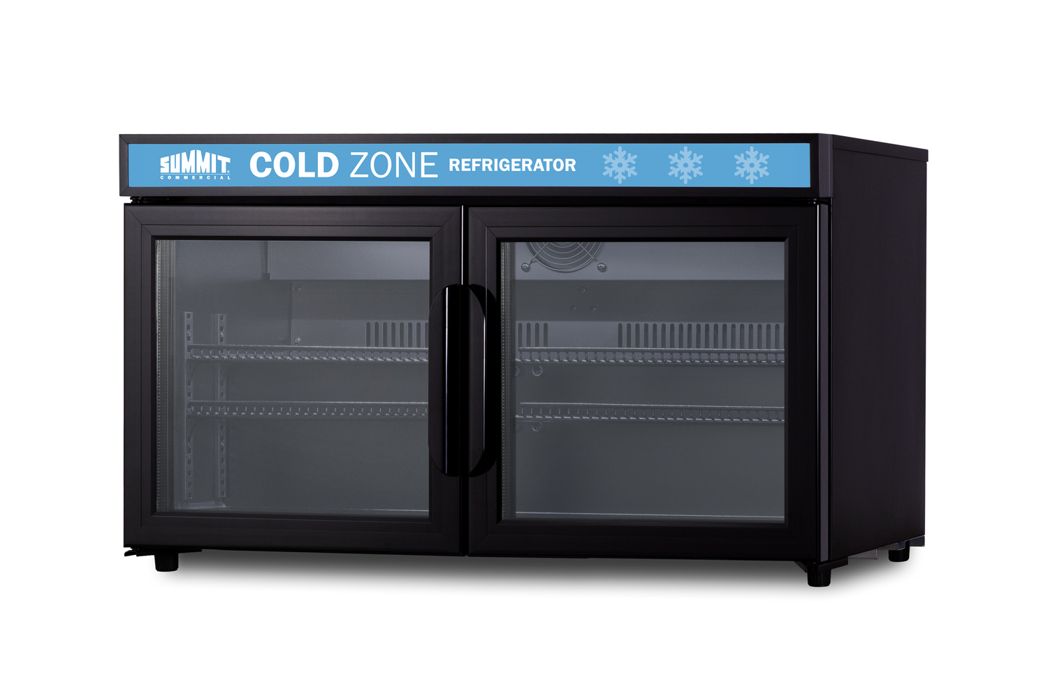 Countertop, shallow depth single-zone commercial refrigerator for freestanding use with French glass doors, black cabinet, digital controls, and LED lighting